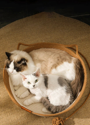Cat Bed Handmade Rattan Woven Pet Nest Removable Washable Warm Pad All-Season Cat Scratch Board Winter Warm Cat House for Cats