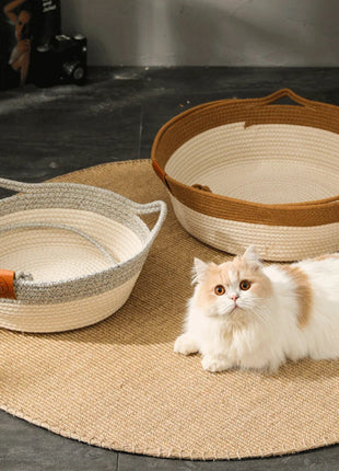 Cat Bed Handmade Rattan Woven Pet Nest Removable Washable Warm Pad All-Season Cat Scratch Board Winter Warm Cat House for Cats