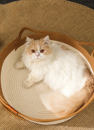 Cat Bed Handmade Rattan Woven Pet Nest Removable Washable Warm Pad All-Season Cat Scratch Board Winter Warm Cat House for Cats
