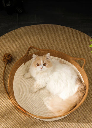 Cat Bed Handmade Rattan Woven Pet Nest Removable Washable Warm Pad All-Season Cat Scratch Board Winter Warm Cat House for Cats