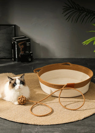 Cat Bed Handmade Rattan Woven Pet Nest Removable Washable Warm Pad All-Season Cat Scratch Board Winter Warm Cat House for Cats