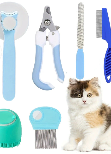 8 Cat Brush Grooming Kit, Flea Comb, Pet Shampoo Brush, Pet Hair Removal Brush, Silicone Toothbrush
