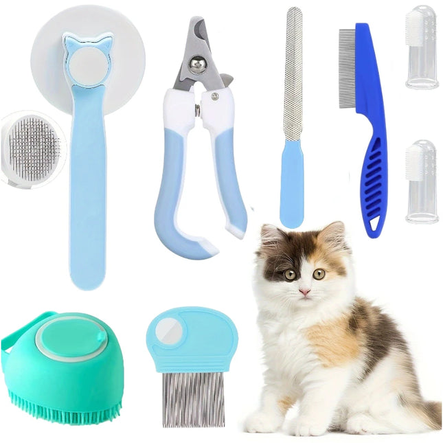 8 Cat Brush Grooming Kit, Flea Comb, Pet Shampoo Brush, Pet Hair Removal Brush, Silicone Toothbrush