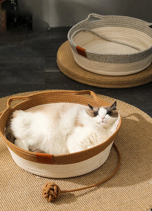 Cat Bed Handmade Rattan Woven Pet Nest Removable Washable Warm Pad All-Season Cat Scratch Board Winter Warm Cat House for Cats