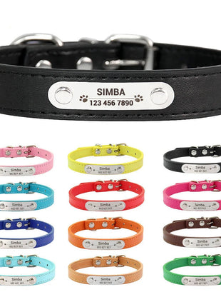 Personalized Dog Collar Name Carved ID Anti-lost Solid PU Leather Collar For Small Medium Large Dogs Puppy Cat Pet Supplies Pink