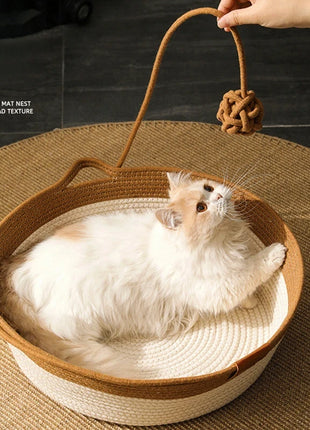 Cat Bed Handmade Rattan Woven Pet Nest Removable Washable Warm Pad All-Season Cat Scratch Board Winter Warm Cat House for Cats