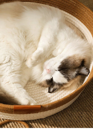 Cat Bed Handmade Rattan Woven Pet Nest Removable Washable Warm Pad All-Season Cat Scratch Board Winter Warm Cat House for Cats